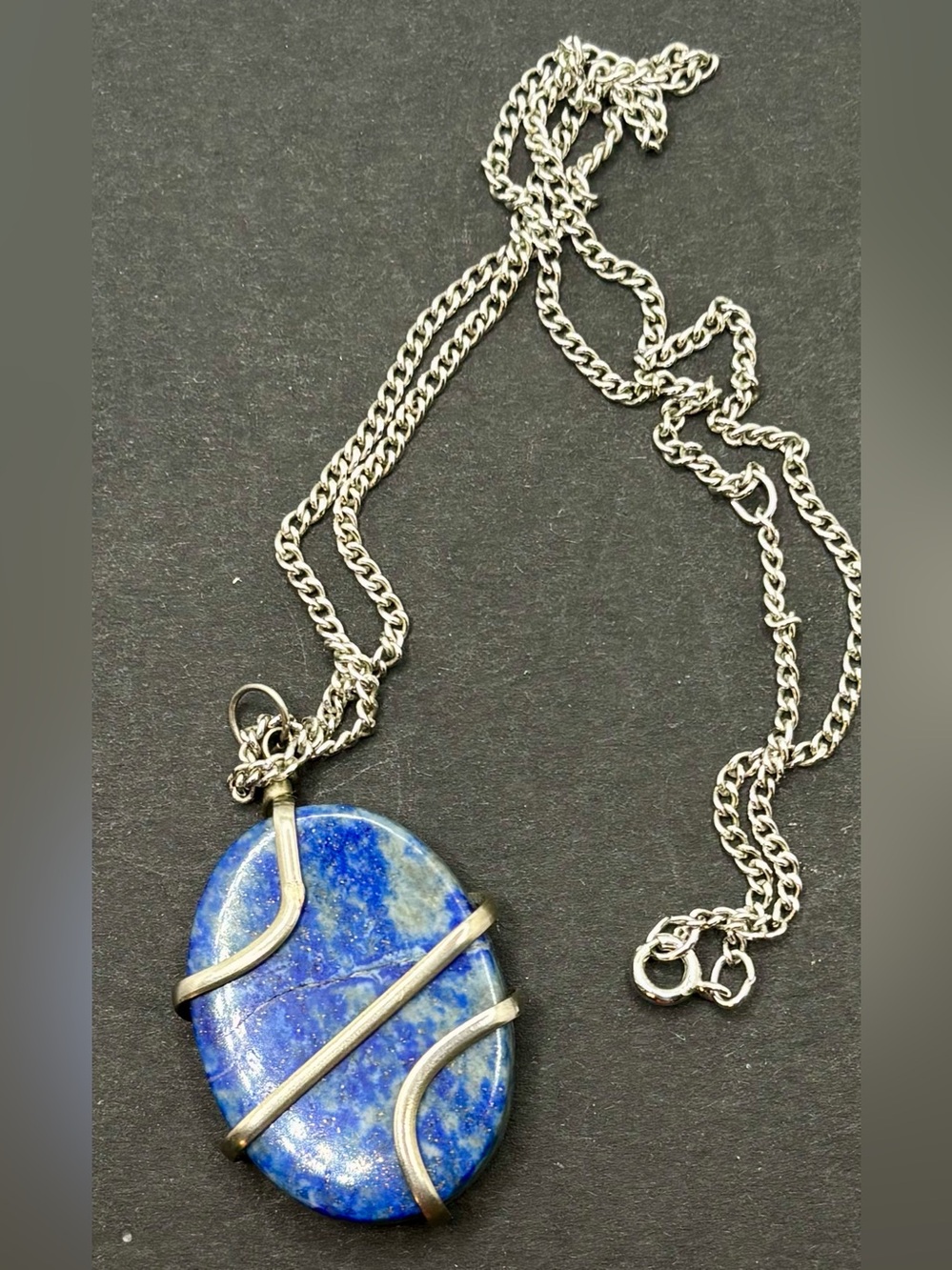 Vintage Artisan Lapis Lazuli Wire Wrapped Pendant Curb Chain Necklace